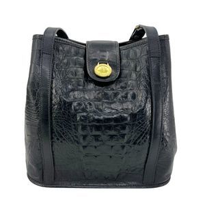 Vintage Brahmin Flower Bucket Bag in Black Melbourne Croc Embossed Leather